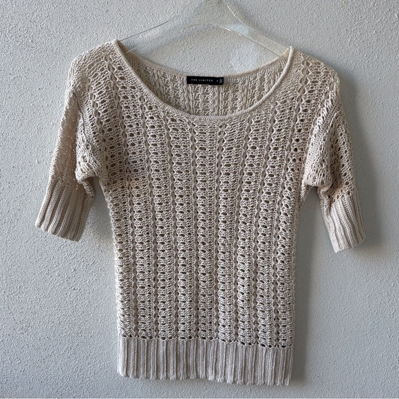 The Limited Sweaters - The Limited Small Linen Open Knit Crochet Cream Shirt Sleeve Sweater Boho Beach‎